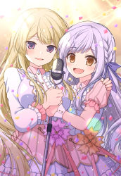 Rule 34 | 2girls, arm around shoulder, arm around waist, artist name, assault lily, blonde hair, blue ribbon, blunt ends, blush, braid, breasts, brown background, buttons, center frills, collared shirt, commentary request, commission, confetti, cowboy shot, flower, frilled shirt, frilled skirt, frilled sleeves, frills, gradient background, hair ribbon, hand on another&#039;s shoulder, hand up, hands up, high-waist skirt, highres, holding, holding microphone stand, idol, kon kanaho, large breasts, layered skirt, lens flare, long hair, long sleeves, looking at viewer, microphone, microphone stand, miyagawa takane, multicolored shirt, multiple girls, official alternate costume, open mouth, orange eyes, orange flower, parted lips, pink ribbon, pink shirt, pink skirt, pink sleeves, puffy short sleeves, puffy sleeves, purple eyes, purple flower, purple shirt, purple skirt, ribbon, sakura tsubame, shirt, short sleeves, side-by-side, side braid, sidelocks, silver hair, skeb commission, skirt, sparkle, stage lights, standing, striped clothes, striped skirt, vertical-striped clothes, vertical-striped skirt, very long hair, white shirt, wrist cuffs