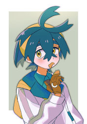 Rule 34 | 1boy, collared shirt, commentary request, creatures (company), crossed bangs, eating, food, game freak, gloves, hair between eyes, hairband, hand up, highres, holding, holding food, jacket, kieran (pokemon), long sleeves, male focus, mole, mole on neck, mouth hold, necktie, nintendo, orange (orangelv20), partially fingerless gloves, pokemon, pokemon sv, shirt, short hair, solo, upper body, yellow bag, yellow hairband