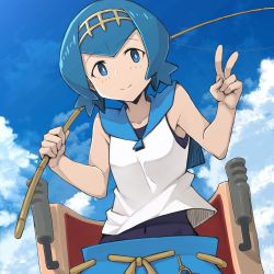 Rule 34 | 1girl, blue eyes, blue hair, blue sailor collar, blue sky, bright pupils, cloud, covered navel, creatures (company), day, fishing rod, flipped hair, game freak, hairband, highres, holding, holding fishing rod, lana (pokemon), looking at viewer, matching hair/eyes, mzrz, nintendo, pokemon, pokemon sm, sailor collar, shirt, short hair, sky, sleeveless, smile, solo, swimsuit, swimsuit under clothes, trial captain, v, white shirt