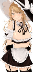 Rule 34 | 1girl, absurdres, adapted costume, apron, bare shoulders, black bow, black choker, black dress, black gloves, black nails, black ribbon, black thighhighs, blonde hair, blush, bow, braid, breast hold, breasts, choker, cleavage, cleavage cutout, closed mouth, clothing cutout, contrapposto, cowboy shot, crossed arms, detached collar, detached sleeves, dress, fingerless gloves, frilled apron, frilled dress, frilled gloves, frilled sleeves, frills, garter straps, gloves, green eyes, hair bow, hat, hat bow, highres, kirisame marisa, large breasts, long hair, looking at viewer, nail polish, neck ribbon, necro (nekurodayo), ribbon, side braid, simple background, single braid, skindentation, slit pupils, smile, solo, standing, thighhighs, touhou, waist apron, white apron, white background, white bow, white sleeves, witch hat