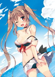 Rule 34 | 10s, 1girl, bikini, blush, breast hold, breasts, brown eyes, brown hair, cloud, day, eyebrows, kantai collection, long hair, looking at viewer, matching hair/eyes, medium breasts, murasame (kancolle), navel, one eye closed, open mouth, oruto (ort+), sky, solo, standing, strap slip, swimsuit, tan, tanline, twintails, water
