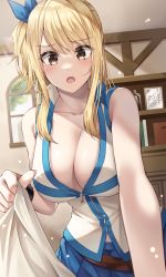 Rule 34 | 1girl, :o, amagi korona, bed sheet, blonde hair, blue bow, blush, bow, breasts, brown eyes, cleavage, collarbone, dot nose, fairy tail, furrowed brow, hair bow, highres, indoors, large breasts, long hair, looking at viewer, lucy heartfilia, one side up, open mouth, sheet grab, shirt, sidelocks, sleeveless, sleeveless shirt, solo, zipper pull tab