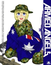 Rule 34 | 1girl, anyan (jooho), armed angels, assault rifle, australian flag, bayonet, blonde hair, blue eyes, bullpup, camouflage, english text, engrish text, flag, gun, hat, helmet, knife, looking at viewer, military, military hat, military uniform, open mouth, original, ranguage, rifle, seiza, shadow, short hair, simple background, sitting, solo, uniform, weapon, white background