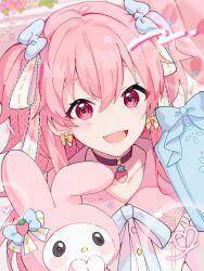Rule 34 | 1girl, blue bow, blue bowtie, blush, bow, bow earrings, bowtie, collar, commentary, earrings, food, fruit, heart, highres, jewelry, long hair, looking at viewer, momoi airi, my melody, onegai my melody, open mouth, pink background, pink collar, pink eyes, pink hair, project sekai, sanrio, shirt, signature, smile, strawberry, two side up, upper body, white shirt, yuhi (hssh 6)