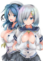 Rule 34 | 2girls, asahi (fullmetal madness), between breasts, blue eyes, blue hair, blush, breasts, breasts squeezed together, collarbone, deep skin, double bun, gloves, hair bun, hair ornament, hair over one eye, hairclip, hamakaze (kancolle), hat, kantai collection, large breasts, long hair, looking at viewer, multiple girls, neckerchief, open clothes, open mouth, paizuri invitation, short hair, short sleeves, silver hair, simple background, smile, sweatdrop, urakaze (kancolle), white background, white gloves, white headwear, yellow neckerchief