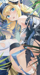 Rule 34 | 1girl, absurdres, aqua nails, arknights, armor, ass, auguste, banner, bare shoulders, blonde hair, blue eyes, blue hairband, blush, braid, breasts, dragon horns, elbow pads, from behind, hairband, hand on own hip, highres, horns, long hair, looking at viewer, looking back, medium breasts, nail polish, open mouth, panties, pointy ears, saileach (arknights), sideboob, solo, thighhighs, torn clothes, torn thighhighs, twin braids, underwear, very long hair, white panties, white thighhighs