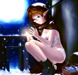 Rule 34 | 1girl, basket, blue eyes, candle, cloak, elf, glasses, hood, little match girl, matches, orange hair, outdoors, panties, pointy ears, s zenith lee, snow, socks, solo, squatting, tank top, torn clothes, underwear