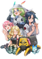 Rule 34 | 4girls, armband, bad id, bad twitter id, black footwear, black shirt, black sleeves, blonde hair, blue eyes, blue hair, blush, boots, calenda (kemono friends), camouflage, camouflage pants, camouflage trim, clipboard, closed eyes, coat, commentary request, feather hair ornament, feathers, flicky (kemono friends), glasses, gloves, green eyes, green hair, grey skirt, hair ornament, hair tie, hand on headwear, helmet, highres, kako (kemono friends), kemono friends, kemono friends 3, khakis, lab coat, lain, long hair, looking at viewer, lucky beast (kemono friends), mirai (kemono friends), multiple girls, nana (kemono friends), pants, pink hair, pith helmet, purple eyes, robot, shirt, short hair, sitting, skirt, sleeveless, tank top, uniform, waving, white coat, white gloves