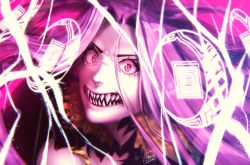Rule 34 | 1girl, angry, dewa-chan, eyelashes, fangs, fate/grand order, fate (series), gorgon (fate), highres, looking at viewer, magic, medusa (fate), medusa (rider) (fate), monster girl, open mouth, purple eyes, purple hair, rider, scales, sharp teeth, slit pupils, solo, teeth, type-moon