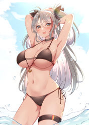 Rule 34 | 1girl, :d, absurdres, armpits, arms behind head, arms up, azur lane, bikini, black bikini, black choker, blush, breasts, choker, cleavage, commentary request, flag print, german flag bikini, highres, large breasts, long hair, looking at viewer, moyoron, multicolored hair, navel, official alternate costume, open mouth, prinz eugen (azur lane), prinz eugen (unfading smile) (azur lane), red hair, ribbon, side-tie bikini bottom, smile, solo, streaked hair, swimsuit, thigh strap, two side up, very long hair, wading