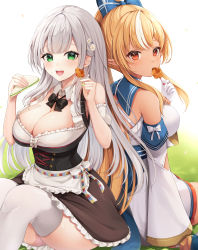 Rule 34 | 2girls, bare shoulders, black dress, blue bow, blush, bow, breasts, brown hair, cleavage, commentary, commentary request, dark-skinned female, dark skin, detached sleeves, dress, elf, flower, food, green eyes, hair bow, hair flower, hair ornament, highres, hololive, large breasts, long sleeves, looking at viewer, miyagi ratona, multicolored hair, multiple girls, open mouth, pointy ears, red eyes, sandwich, shiranui flare, shiranui flare (1st costume), shirogane noel, shirogane noel (dirndl), sitting, smile, streaked hair, thighhighs, thighs, virtual youtuber, white hair, white legwear