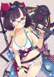 Rule 34 | 1girl, absurdres, bad id, bad pixiv id, bikini, black hair, blue eyes, blush, breasts, choco tanuki, closed mouth, fate/grand order, fate (series), glasses, goggles, goggles on head, highres, holding, holding sword, holding weapon, katsushika hokusai (fate), katsushika hokusai (swimsuit saber) (fate), large breasts, long hair, looking at viewer, red-framed eyewear, solo, swimsuit, sword, weapon, white bikini