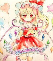 Rule 34 | 1girl, ascot, balloon, bat wings, blonde hair, bloomers, crystal, flandre scarlet, hat, hat ribbon, highres, hiyuu (hiyualice), mob cap, multicolored wings, one side up, puffy short sleeves, puffy sleeves, red eyes, red footwear, red skirt, red vest, ribbon, short sleeves, side ponytail, skirt, skirt set, solo, star (symbol), touhou, traditional media, underwear, vest, white hat, wings, yellow ascot