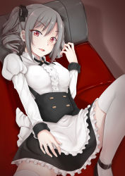 Rule 34 | 10s, 1girl, bad id, bad pixiv id, brown hair, chou (meteorite3), couch, drill hair, frills, hair ribbon, idolmaster, idolmaster cinderella girls, kanzaki ranko, leg up, looking at viewer, lying, maid, on back, open mouth, red eyes, ribbon, short hair, smile, solo, thighhighs, twintails, white thighhighs, zettai ryouiki