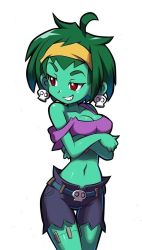 Rule 34 | 1girl, belt, breasts, cleavage, colored skin, crossed arms, earrings, green hair, green skin, hairband, jewelry, midriff, navel, off shoulder, official art, red eyes, rottytops, shantae (series), short hair, shorts, skull earrings, smile, smirk, solo, stitches, stomach, strap slip, teeth, torn clothes, yabe makoto, zombie