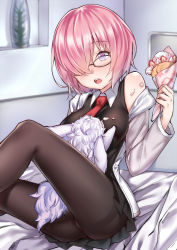 Rule 34 | 1girl, bare shoulders, black pantyhose, black skirt, breasts, fate/grand order, fate (series), fou (fate), glasses, hair over one eye, highres, large breasts, looking at another, mash kyrielight, necktie, pantyhose, pink hair, purple eyes, red necktie, sitting, skirt, sunege (hp0715)