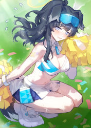 Rule 34 | 1girl, absurdres, animal ears, black hair, blue archive, blue eyes, blush, breasts, cheerleader, confetti, crop top, dog ears, dog girl, dog tail, goggles, goggles on head, halo, hibiki (blue archive), hibiki (cheer squad) (blue archive), highres, holding, holding pom poms, ito uuu, long hair, looking at viewer, medium breasts, millennium cheerleader outfit (blue archive), official alternate costume, pleated skirt, pom pom (cheerleading), pom poms, ponytail, shoes, skirt, sneakers, solo, sparkle, squatting, sweat, tail, white footwear