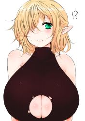 Rule 34 | !?, 1girl, bare shoulders, blush, breasts, cleavage, cleavage cutout, clothing cutout, green eyes, hair over one eye, han (jackpot), huge breasts, mizuhashi parsee, open clothes, pointy ears, shirt, sleeveless, sleeveless turtleneck, solo, sweat, torn clothes, torn shirt, touhou, turtleneck