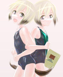 Rule 34 | 2girls, back-to-back, blonde hair, blue eyes, book, breasts, erica hartmann, german text, glasses, kamen rosso, multiple girls, one-piece swimsuit, short hair, siblings, sisters, small breasts, strike witches, strike witches: suomus misfits squadron, swimsuit, tail, translated, twins, ursula hartmann, world witches series