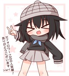 &gt;_&lt; 1girl :d black_hair black_shirt blue_neckerchief blush border chibi closed_eyes facing_viewer feet_out_of_frame fringe_trim grey_hat grey_scarf grey_skirt hair_between_eyes hana_kazari hat highres long_hair long_sleeves neckerchief open_mouth original outstretched_arm pink_border pleated_skirt puffy_long_sleeves puffy_sleeves scarf shirt skirt sleeves_past_fingers sleeves_past_wrists smile solo standing star_(symbol) translation_request v white_background white_border xd