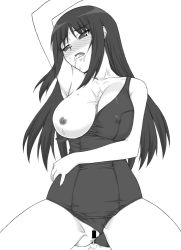 Rule 34 | 1girl, blush, breast slip, breasts, censored, clothes pull, clothing aside, cum, cum in mouth, cum in pussy, cum on body, cum on breasts, cum on upper body, female focus, greyscale, kurusugawa ayaka, large breasts, long hair, monochrome, nipples, one-piece swimsuit, one-piece swimsuit pull, one breast out, school swimsuit, shichimenchou, simple background, solo, swimsuit, swimsuit aside, to heart, to heart (series), white background
