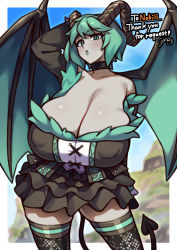 Rule 34 | absurdres, arm up, bare shoulders, borrowed character, breasts, choker, cleavage, commission, cowboy shot, demon girl, demon tail, demon wings, dress, green eyes, green hair, green lips, highres, horns, huge breasts, nikuatsu magician shinbo, original, parted lips, short dress, short hair, signature, skeb commission, tail, thighhighs, wings, zettai ryouiki