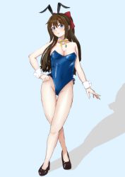 Rule 34 | 1girl, absurdres, aqua background, aqua eyes, artist name, artist request, bare legs, bare shoulders, black footwear, black high heels, blue eyes, blue leotard, blush, bow, bowtie, breasts, brown hair, cleavage, collarbone, crossed legs, female focus, full body, hair between eyes, hair bow, hair over shoulder, half updo, hand on hip, high heels, high ponytail, highres, leotard, long hair, looking at viewer, love live!, love live! nijigasaki high school idol club, ousaka shizuku, parted lips, playboy bunny, ponytail, rabbit ears, red bow, ribbon, side-tie leotard, small breasts, smile, solo, standing, tied hair, white wrist cuffs, wing collar, wrist cuffs, yellow bow, yellow ribbon