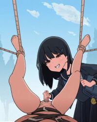 Rule 34 | 1boy, 1girl, animated, bag, bdsm, belt, black hair, blush, bound, breasts, brown eyes, censored, character request, clothed female nude male, cum, ejaculation, erection, femdom, grin, hair ornament, hairclip, handjob, humiliation, kagamine 594, laughing, medium hair, nude, open clothes, outdoors, penis, pov, rope, ruined orgasm, school uniform, shoulder bag, skirt, small breasts, smile, struggling, tagme, testicles, video