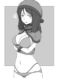 Rule 34 | 1girl, absurdres, bikini, blush, border, breast hold, breasts, cape, cleavage, commentary, cowboy shot, crossed arms, frown, girls und panzer, girls und panzer senshadou daisakusen!, greyscale, half-closed eyes, hat, highres, long hair, looking at viewer, medium breasts, monochrome, multi-strapped bikini, nonna (girls und panzer), o-ring, o-ring bikini, open mouth, outside border, renshiu, santa costume, santa hat, solo, squiggle, standing, swept bangs, swimsuit