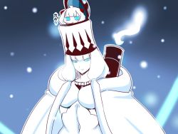 Rule 34 | 10s, 2girls, abyssal ship, blue eyes, blunt bangs, cape, chibi, commentary request, glowing, glowing eyes, hat, horns, kantai collection, long hair, multiple girls, night, night sky, northern water princess, open mouth, rigging, sako (bosscoffee), sidelocks, sitting, sitting on head, sitting on person, sky, smoke, snow, snowing, white hair