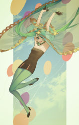 Rule 34 | 1girl, :d, alternate costume, armpits, arms up, balloon, black dress, black footwear, black gloves, borrowed design, breasts, choker, coat, dress, full body, gloves, green eyes, green hair, green pantyhose, half gloves, hatsune miku, high heels, jumping, long hair, microdress, muyi zi, open mouth, outside border, pantyhose, puffy sleeves, see-through, skin tight, sky, small breasts, smile, solo, strapless, strapless dress, very long hair, vocaloid