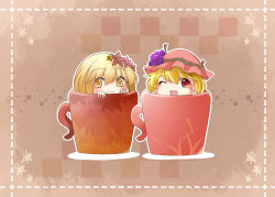 Rule 34 | 2girls, :3, aki minoriko, aki shizuha, blonde hair, blush, chibi, cup, female focus, finger to face, food, fruit, grapes, hair ornament, hammer (sunset beach), hat, in container, in cup, leaf, leaf on head, multiple girls, object on head, open mouth, red eyes, short hair, smile, touhou, wink, yellow eyes