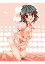 Rule 34 | 1girl, animal ears, bare legs, barefoot, black hair, blush, carrot, carrot necklace, clothes lift, covered erect nipples, dress, dress lift, feet, female focus, flat chest, highres, inaba tewi, jewelry, kantarou (nurumayutei), kneeling, necklace, no panties, open mouth, pendant, pussy juice, pussy juice puddle, pussy juice stain, rabbit ears, rabbit girl, rabbit tail, red eyes, short hair, solo, tail, tears, touhou, wet