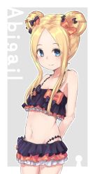 Rule 34 | 1girl, abigail williams (emerald float) (fate), abigail williams (fate), bare shoulders, bikini, black bikini, black bow, blonde hair, blue eyes, blush, bow, character name, closed mouth, collarbone, commentary request, cowboy shot, double bun, emerald float, fate/grand order, fate (series), forehead, grey background, groin, hair bow, hair bun, keyhole, navel, nenosame, official alternate costume, orange bow, parted bangs, polka dot, polka dot bow, side bun, smile, solo, swimsuit, two-tone background, white background