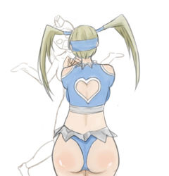 Rule 34 | 2girls, ass, capcom, clothing cutout, decapre, from behind, garrison cap, hair tubes, hat, heart, heart cutout, leotard, mask, multiple girls, rainbow mika, shrugging, solo focus, street fighter, street fighter iv (series), troll face, twintails, wrestling outfit