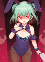 Rule 34 | 1girl, 1other, animal ears, arm up, black pantyhose, blue leotard, breasts, cleavage cutout, clothing cutout, covered navel, dark-skinned male, dark skin, double bun, empty eyes, green hair, groin, hair bun, hand on own chest, hatchet, hololive, leotard, looking back, mou tama maru, nail polish, open mouth, pantyhose, playboy bunny, pov, rabbit ears, red eyes, shaded face, short hair, skull collar, small breasts, smile, thighs, uruha rushia, uruha rushia (1st costume), virtual youtuber, wrist cuffs, yandere