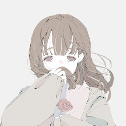 Rule 34 | 1girl, absurdres, brown hair, choppy bangs, covering own mouth, flower, grey background, grey jacket, highres, holding, holding flower, holding own hair, jacket, long bangs, long hair, long sleeves, looking at viewer, no pupils, nocopyrightgirl, open clothes, open jacket, original, pale skin, red eyes, red flower, red rose, rose, sidelocks, simple background, solo, straight-on, tareme, upper body
