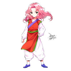 Rule 34 | 1girl, closed mouth, ejami, full body, genkai, long hair, looking at viewer, pink hair, simple background, smile, solo, white background, aged down, yuu yuu hakusho