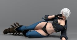 Rule 34 | 1girl, 3d, angel (kof), blue eyes, breasts, cleavage, fingerless gloves, gloves, highres, large breasts, lying, midriff, navel, on side, photonlanccer, simple background, snk, solo, the king of fighters, the king of fighters xiv, white hair
