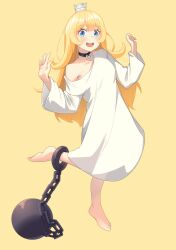 Rule 34 | 1girl, absurdres, ankle cuffs, ball and chain restraint, barefoot, blonde hair, blue eyes, breasts, collar, crown, eyebrows hidden by hair, full body, hair between eyes, highres, hime-sama &quot;goumon&quot; no jikan desu, hime (himesama goumon), light blush, long hair, looking at viewer, mini crown, rags, sansu, simple background, small breasts, smile, solo, standing, standing on one leg, teeth, tiptoes, toes, upper teeth only, yellow background