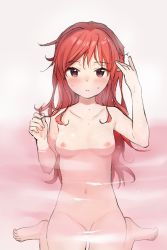 Rule 34 | 1girl, alternate hairstyle, barefoot, bathing, blush, breasts, chigusa asuha, completely nude, hair down, long hair, nipples, nude, parted lips, partially submerged, qualidea code, red hair, sekiya asami, sitting, small breasts, solo, wariza, water, wet