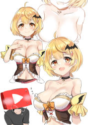 Rule 34 | 1boy, 1girl, ahoge, blonde hair, blush, breasts, cleavage, closed mouth, collarbone, commentary, english commentary, fang, hair ornament, heavy breathing, highres, hololive, large breasts, multiple views, open mouth, revealing clothes, short hair, simple background, sweat, nervous sweating, unname, virtual youtuber, white background, yellow eyes, youtube logo, yozora mel, yozora mel (1st costume)