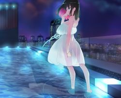 Rule 34 | 1girl, azki (hololive), bare shoulders, black hair, bracelet, breasts, city, colored inner hair, dress, from side, hand on own cheek, hand on own face, highres, hololive, jewelry, loeldrive, medium breasts, medium hair, multicolored hair, night, no bra, no panties, pink hair, pool, purple eyes, ripples, rooftop, see-through silhouette, solo, standing, virtual youtuber, wet, white dress, wind