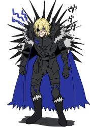 Rule 34 | 1boy, anger vein, angry, armor, black armor, blonde hair, blue cape, cape, clenched hands, clenched teeth, dimitri alexandre blaiddyd, eyepatch, fire emblem, fire emblem: three houses, highres, hunched over, male focus, nintendo, aged up, oragamura999, simple background, spiked armor, teeth, white background
