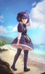 Rule 34 | 1girl, absurdres, arm up, artist name, beach, black bag, black bow, black bowtie, black footwear, black thighhighs, bow, bowtie, breasts, chuunibyou demo koi ga shitai!, commentary request, dated, day, dress, eyepatch, from side, hair bow, highres, long sleeves, looking back, medical eyepatch, medium breasts, official alternate costume, one side up, outdoors, puffy short sleeves, puffy sleeves, shirt, shoes, short sleeves, smile, solo, takanashi rikka, thighhighs, white shirt, yabai sho