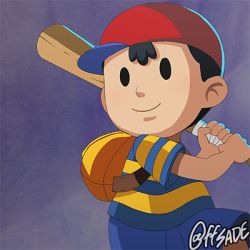Rule 34 | 1boy, artist name, backpack, bag, baseball cap, bat (animal), ffsade, hat, lowres, male focus, mother (game), mother 2, ness (mother 2), nintendo, shirt, shorts, smile, solo, striped clothes, striped shirt, watermark