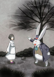 Rule 34 | 1girl, alice (alice in wonderland), alice in wonderland, bad id, bad pixiv id, black hair, buttons, creature, dress, field, formal, full body, grass, hat, long sleeves, outdoors, plant, pointing, short hair, shouhei, standing, suit, top hat, white dress, white rabbit (alice in wonderland)