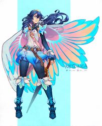 Rule 34 | 1girl, artist name, blue eyes, blue hair, boots, bug, butterfly, butterfly wings, cape, detached sleeves, dress, fingerless gloves, fire emblem, fire emblem awakening, fire emblem heroes, floating hair, full body, gloves, gradient dress, highres, insect, insect wings, long hair, lucina (fire emblem), matching hair/eyes, nerinea, nintendo, official alternate costume, resplendent lucina, self-upload, sheath, sleeveless, solo, standing, sword, weapon, wings