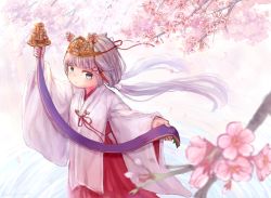 Rule 34 | 1girl, alternate costume, bell, blue eyes, blunt bangs, blush, branch, bud, cherry blossoms, flower, hair flower, hair ornament, highres, holding, japanese clothes, jingle bell, kagura suzu, kantai collection, kimono, light brown hair, long hair, long sleeves, low twintails, maetenkan, miko, mikura (kancolle), smile, solo, tree, twintails, water, wide sleeves, wss (nicoseiga19993411)