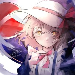 Rule 34 | 1girl, blonde hair, blue dress, blush, bow, closed mouth, dress, frills, hat, hat bow, kana anaberal, looking at viewer, red bow, red neckwear, red ribbon, ribbon, rokuya (68 zusao), short hair, signature, touhou, touhou (pc-98), upper body, white headwear, yellow eyes